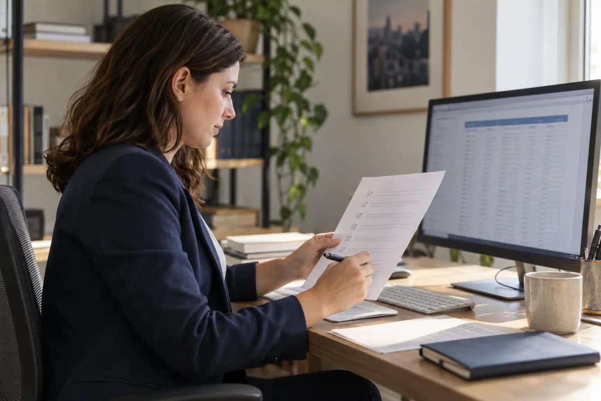 Pessoa conferindo uma lista e uma página de consulta no computador