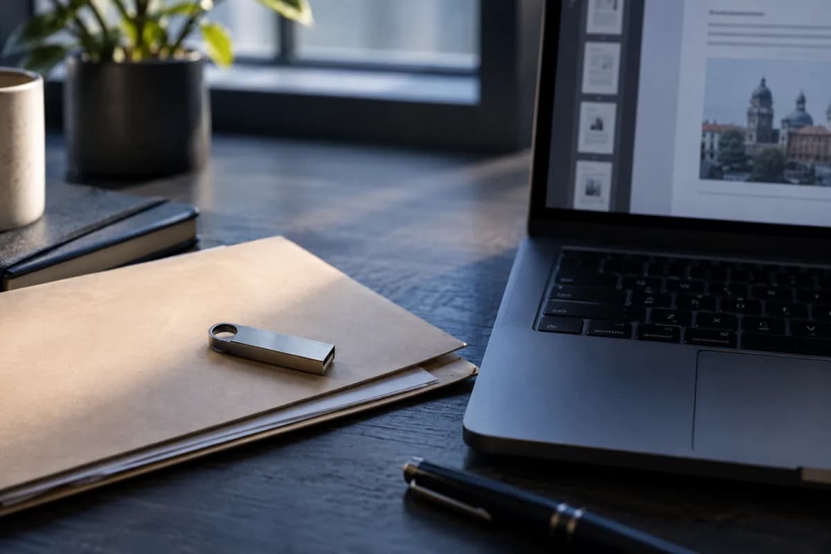 Dispositivo USB e pasta junto a um computador com documento aberto