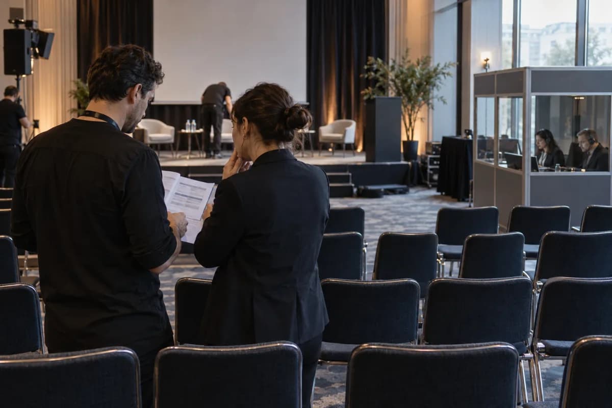 Preparação de evento em auditório com cabine de interpretação