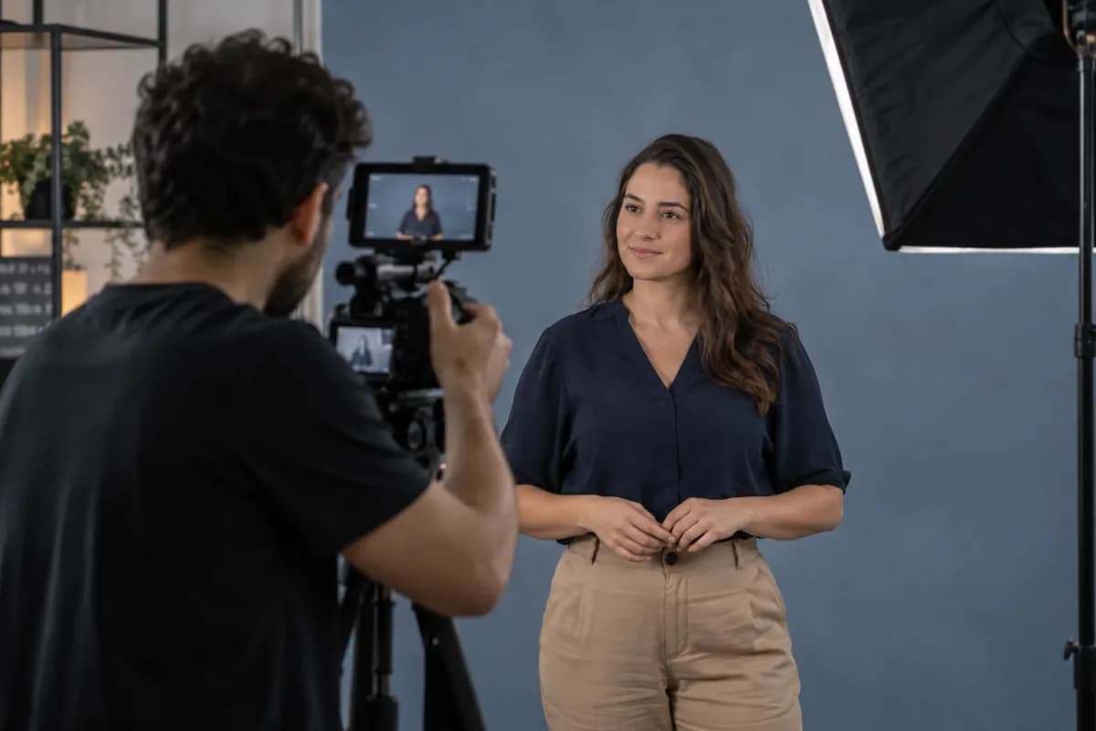Preparação de câmera e iluminação para gravação com apresentador