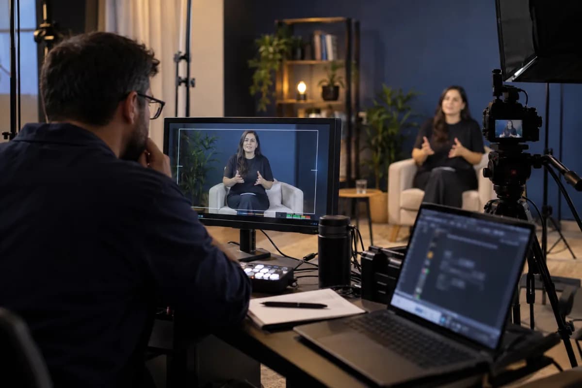 Equipe conferindo enquadramento de câmera antes de um webinar
