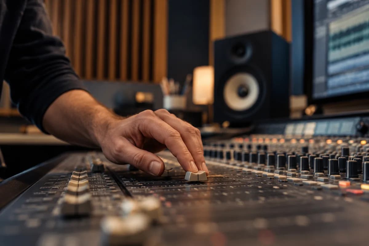 Mão ajustando controle de uma mesa de mixagem