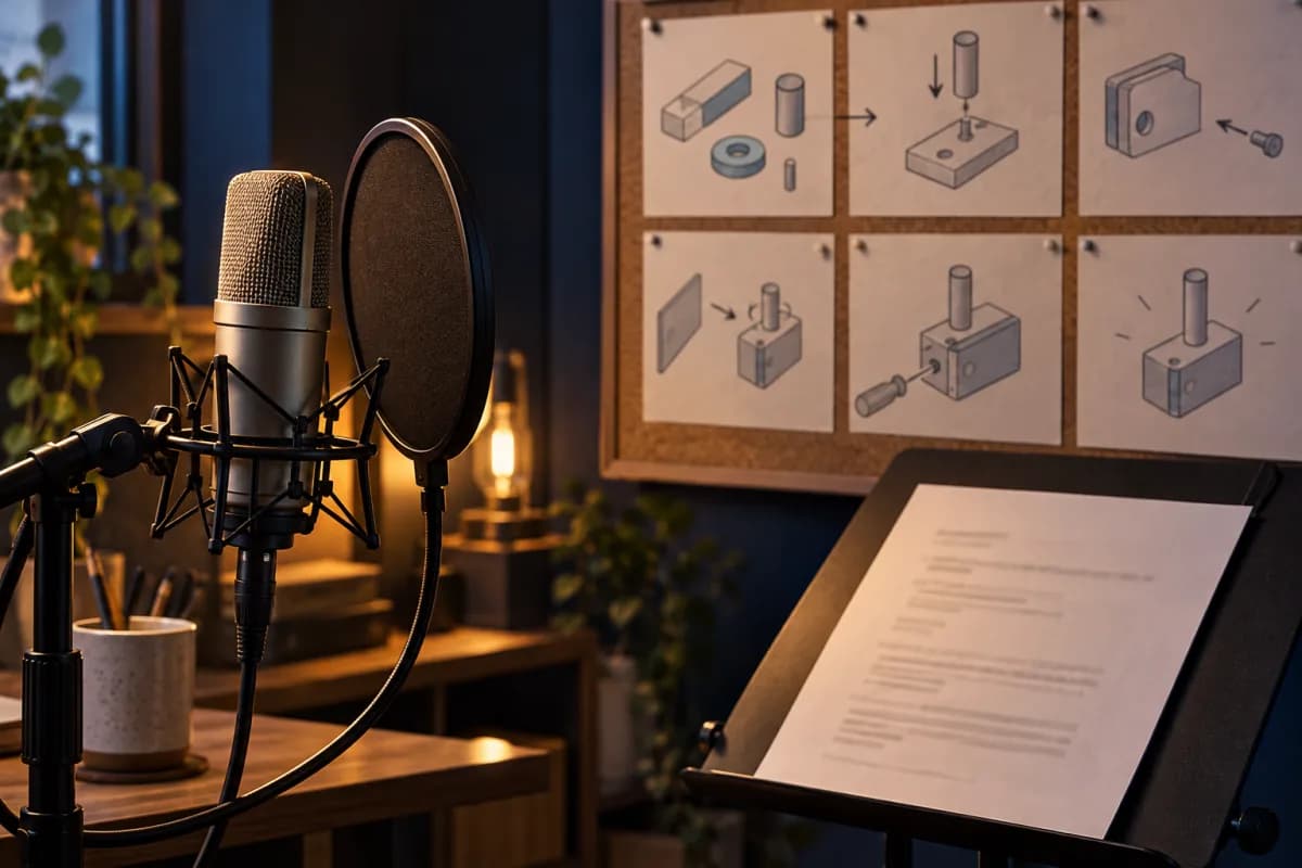 Microfone em primeiro plano diante de um storyboard de treinamento