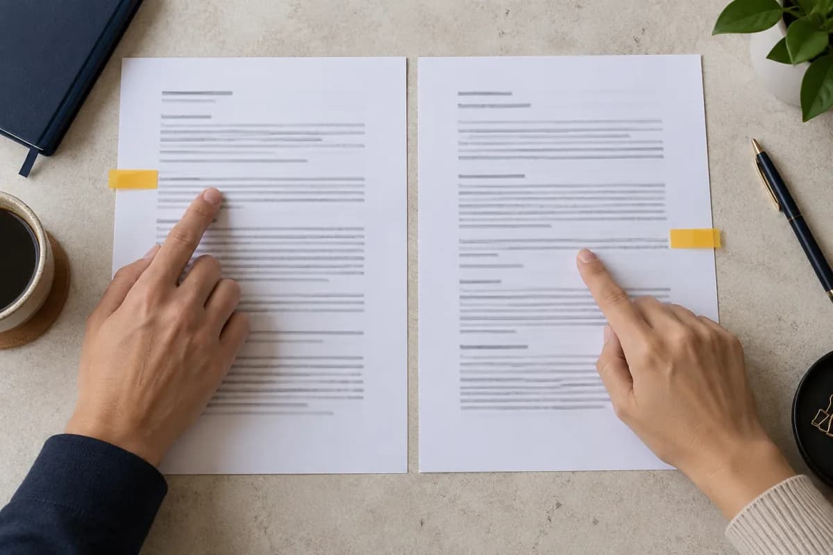 Duas versões de um documento com trechos sinalizados por marcadores
