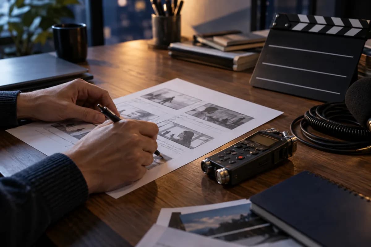 Mesa de produção com storyboard, gravador e cabo de microfone