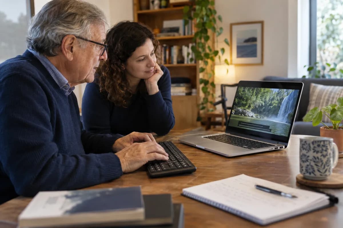 Duas pessoas conferindo reprodução de vídeo e legendas com teclado