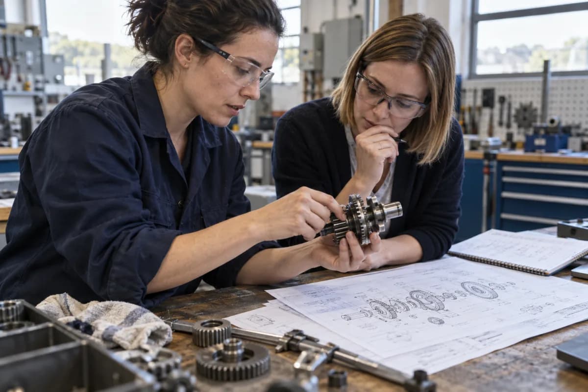Duas pessoas comparando uma peça mecânica e seu desenho técnico