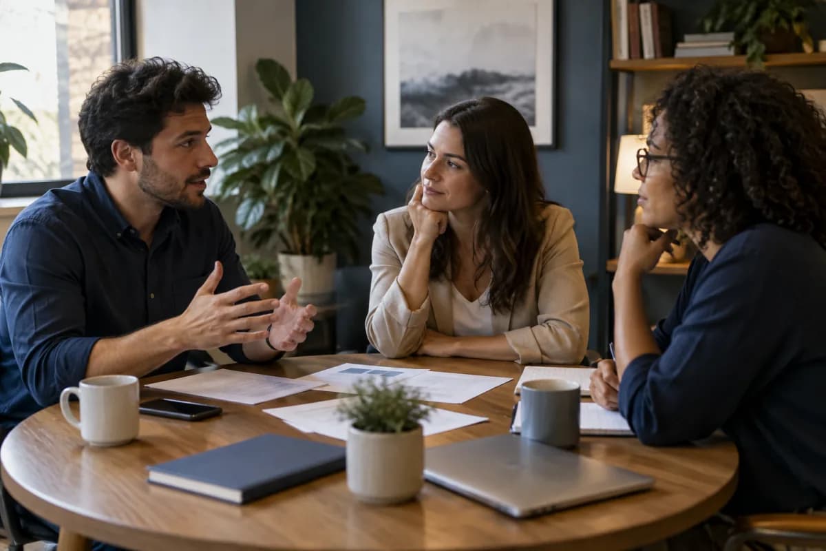 Três pessoas conversando em reunião com anotações sobre a mesa