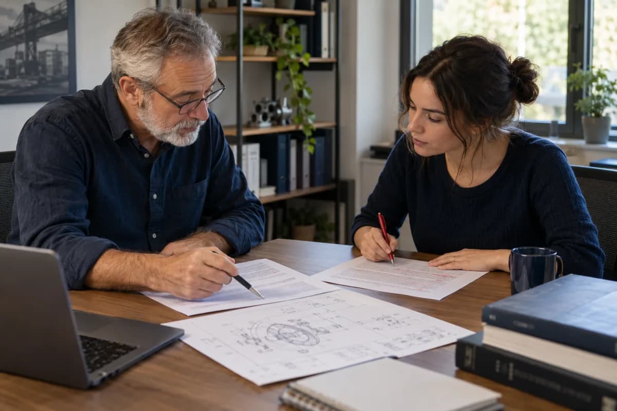 Duas pessoas conferindo páginas e desenho técnico em conjunto