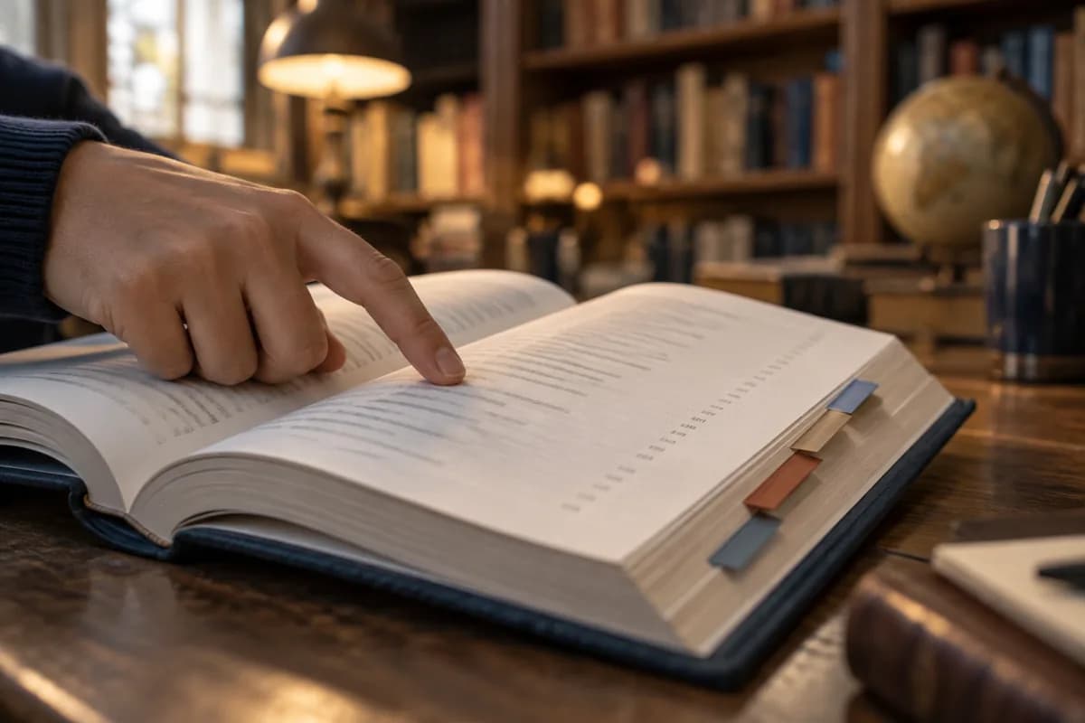 Livro aberto com marcadores de capítulos e consulta ao sumário