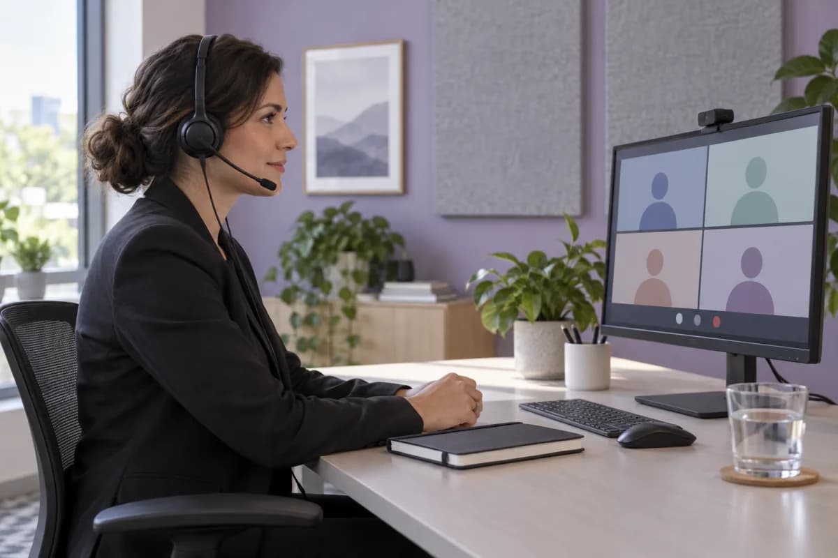 Ilustração de intérprete com headset diante de uma reunião virtual