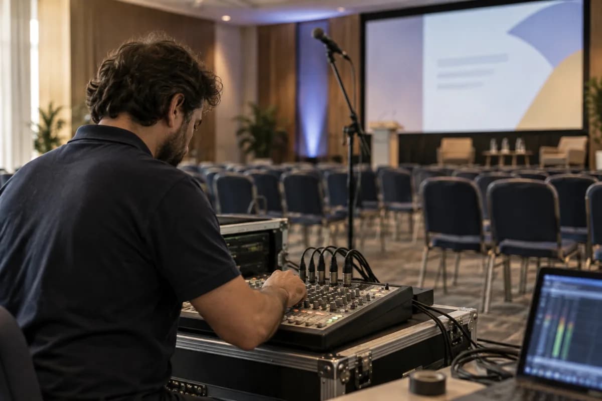 Técnico conferindo mesa de áudio em uma sala de evento vazia
