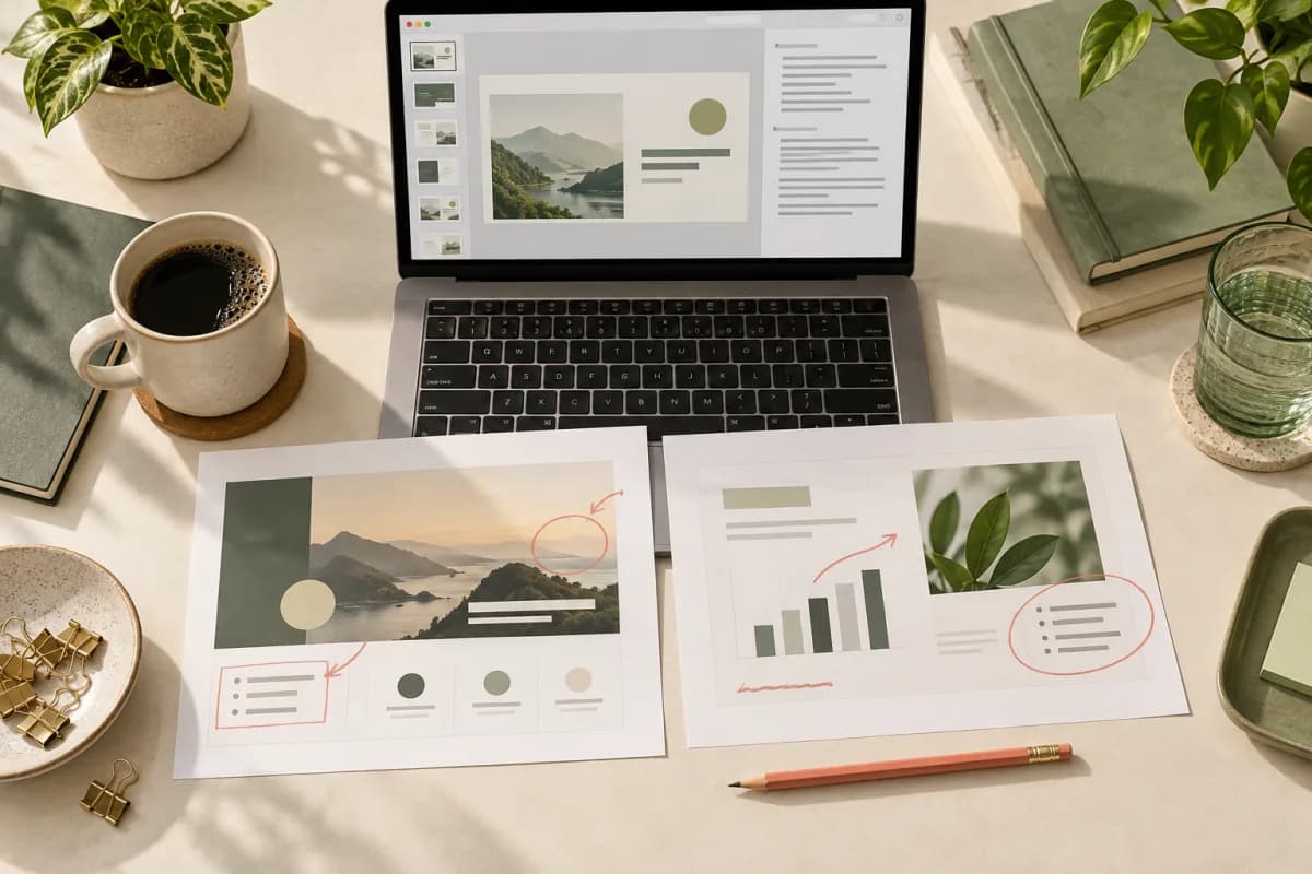 Notebook com apresentação e folhas de slides anotadas sobre uma mesa clara