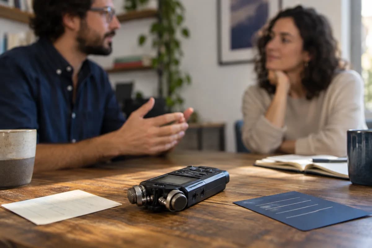 Gravador de mesa e fichas de referência durante uma conversa