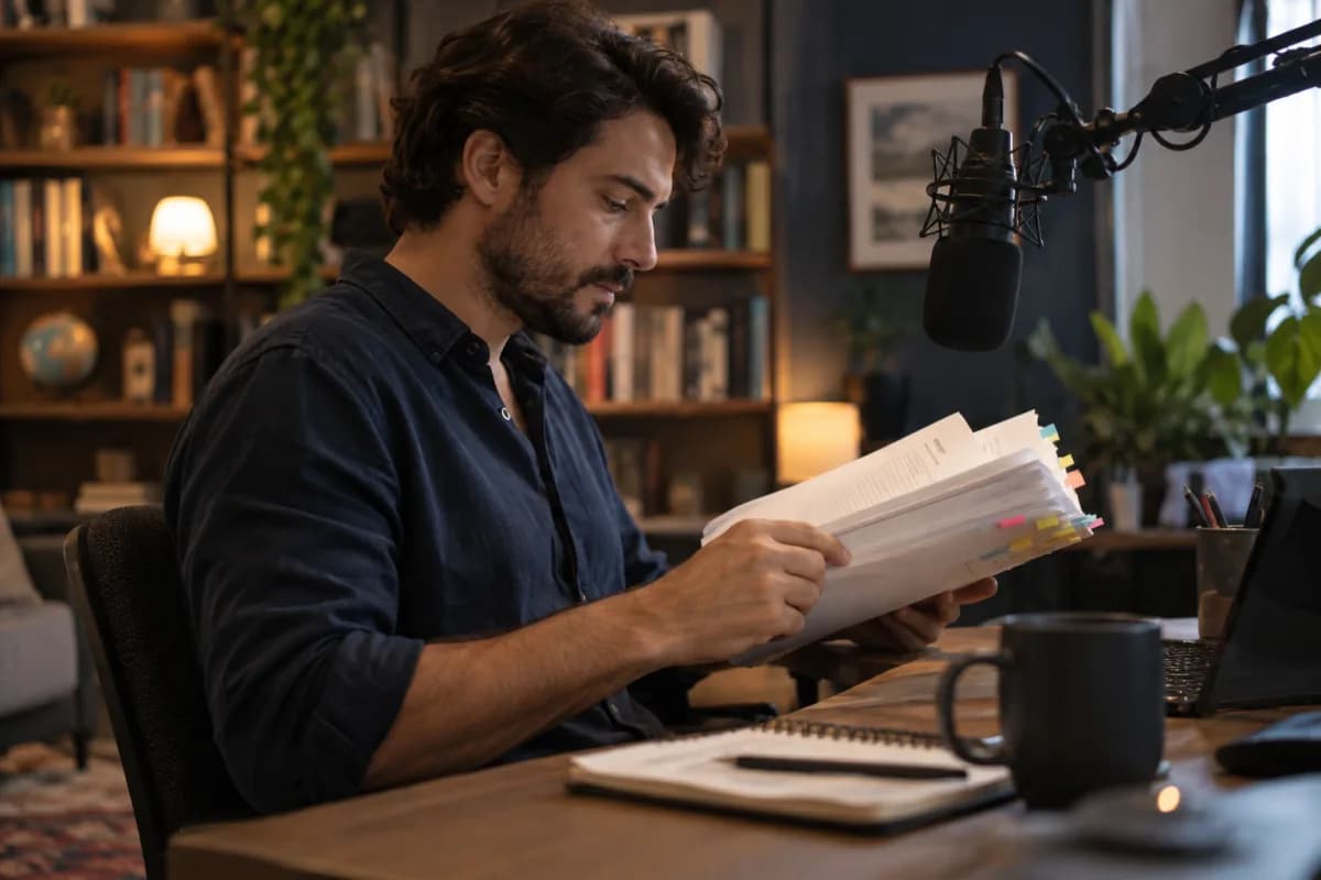 Pessoa revisando texto ao lado de um microfone de podcast