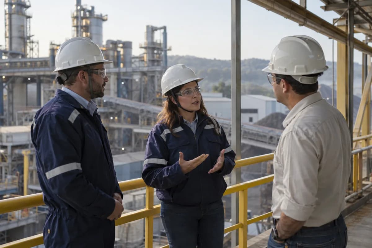 Grupo em área de observação industrial durante uma conversa técnica