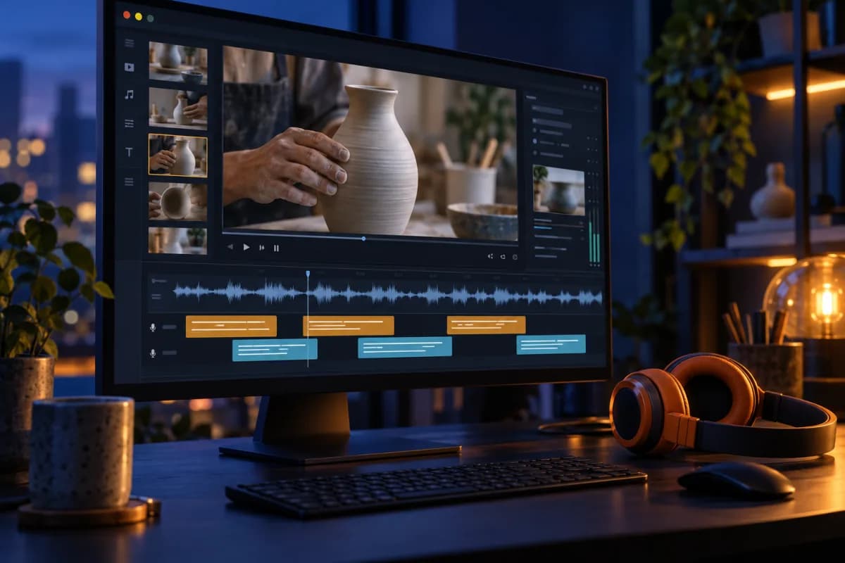 Monitor de edição com vídeo, faixas de legenda e fones de ouvido laranja