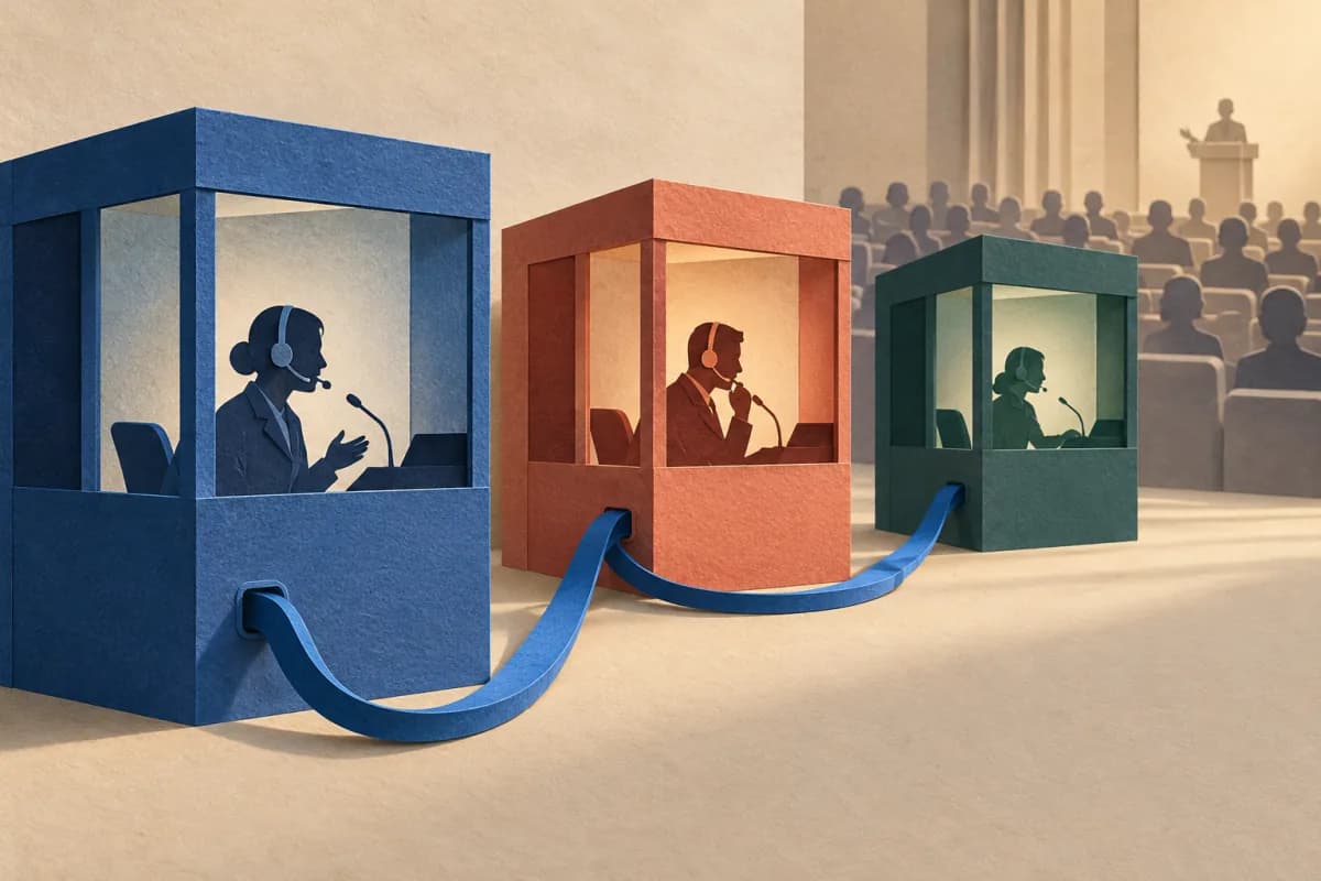 Ilustração em papel de três cabines de interpretação conectadas, representando o uso de um idioma intermediário.